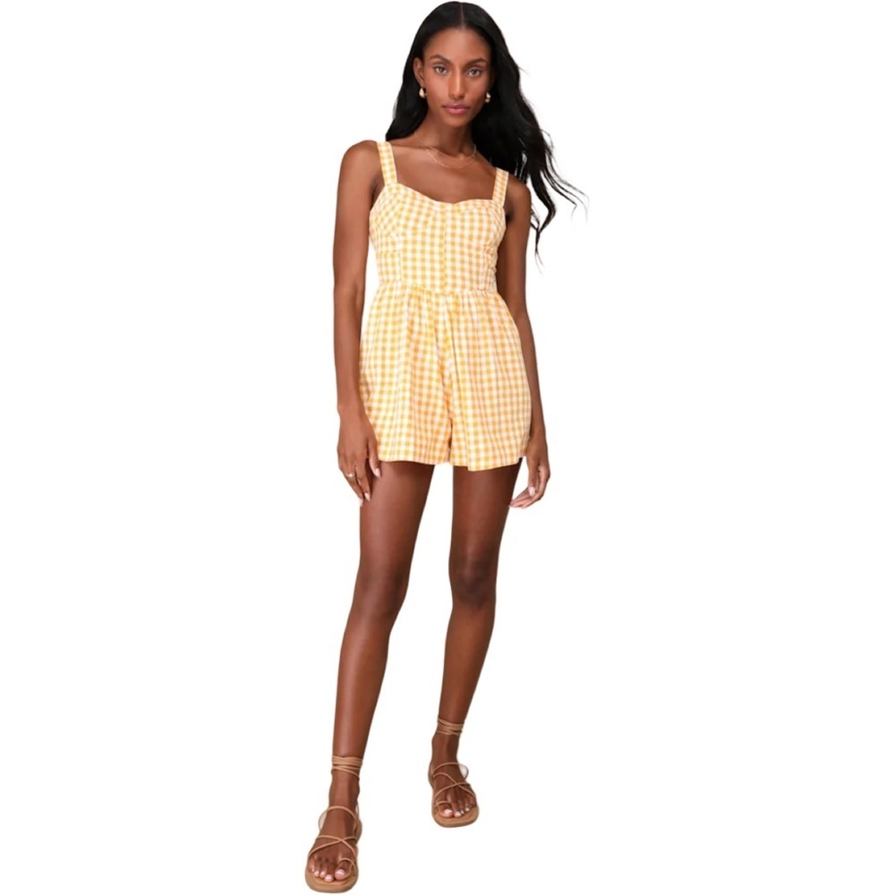 Lulu’s Precious Trend Yellow and White Gingham Bustier Romper Size Small - Picture 4 of 14